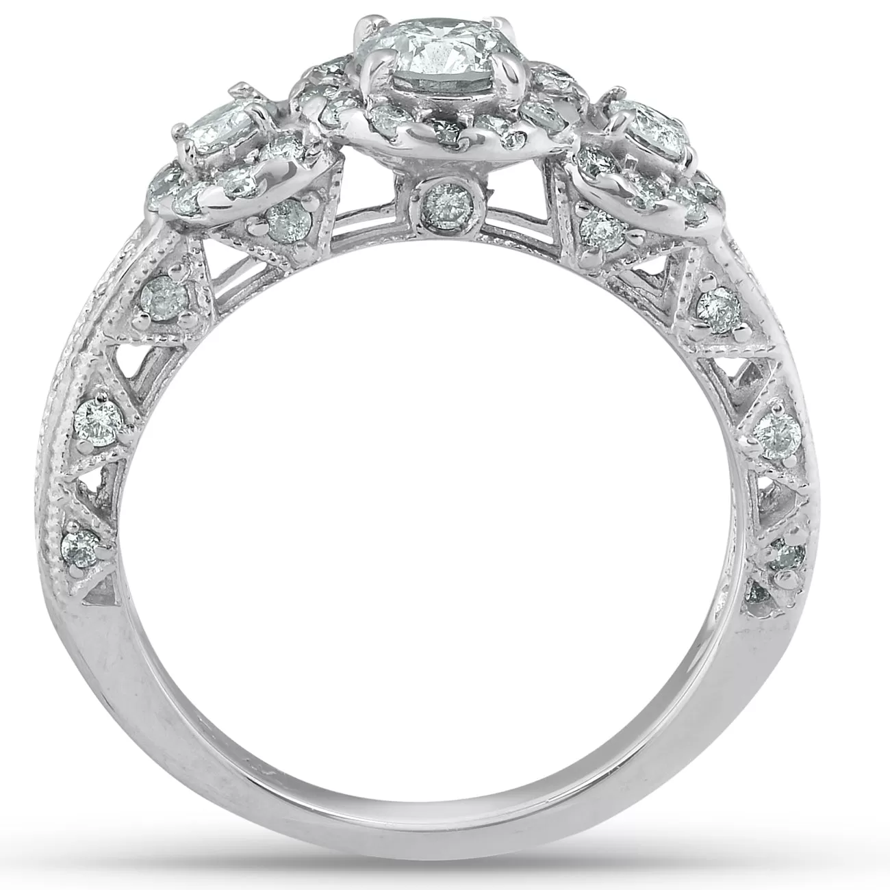 1 1/4ct 3-Stone Vintage Diamond Halo Engagement Ring 14K White Gold