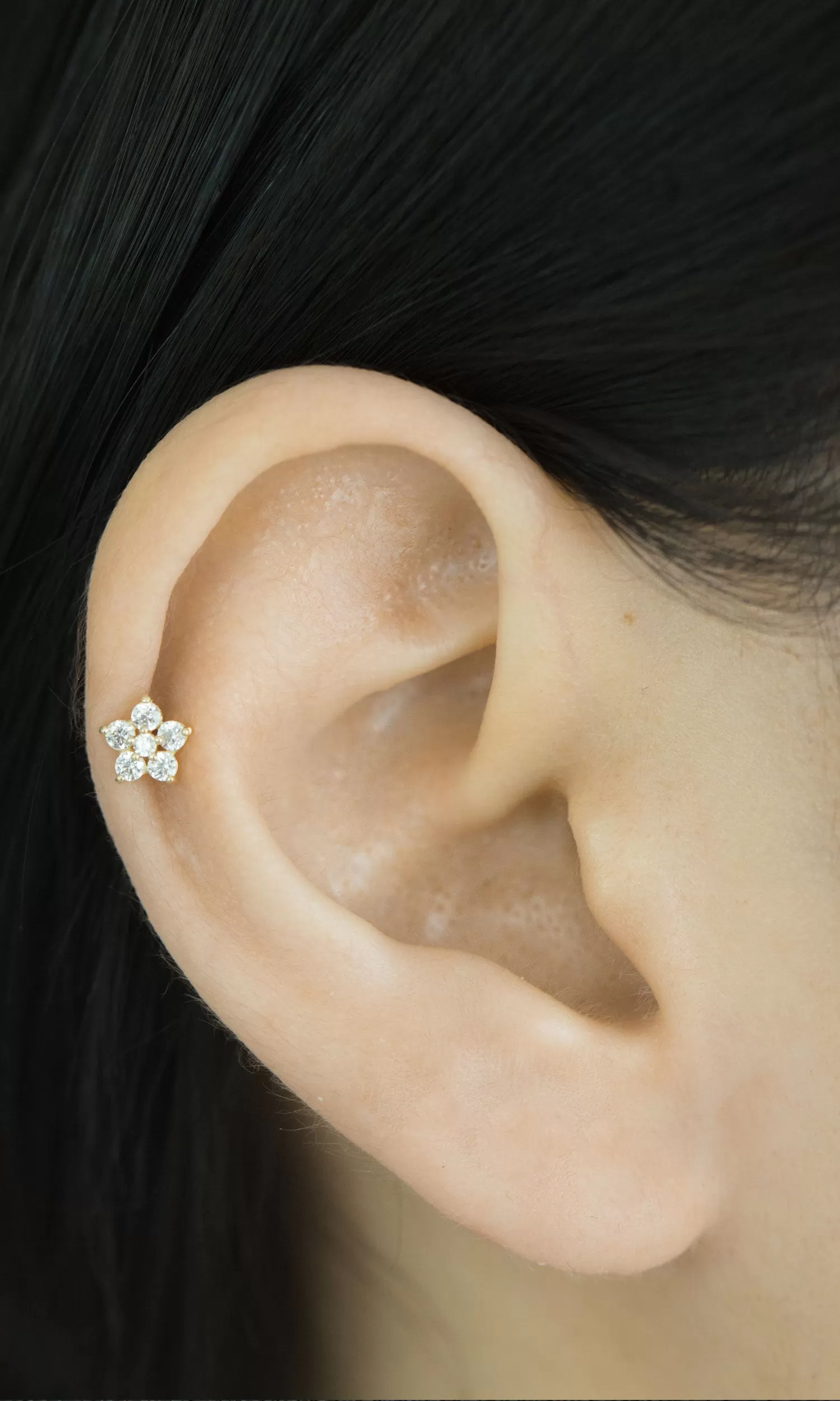 14k Gold Cubic Flower Pendant Barbell Ear Stud Earring Piercing