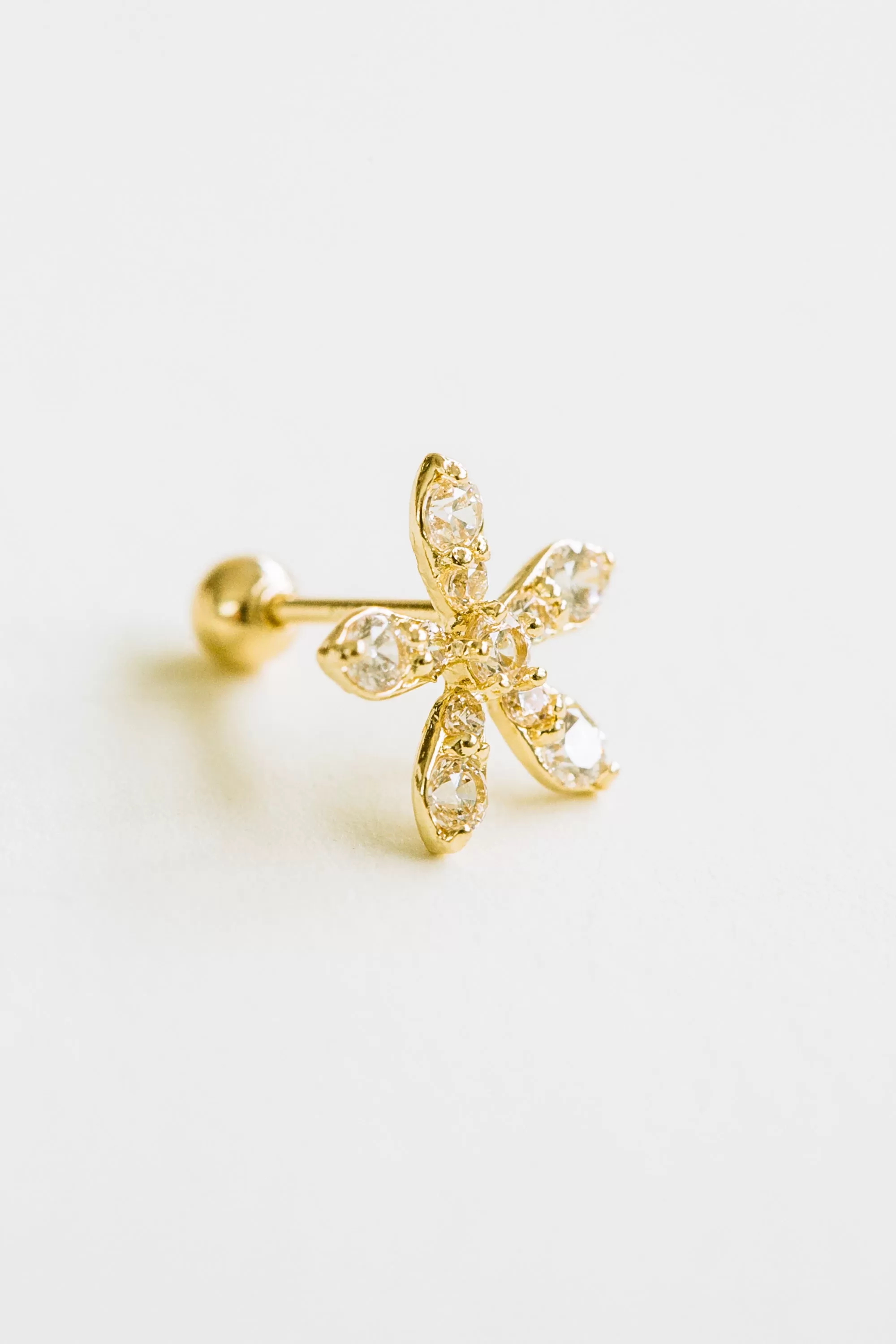 14k Gold Cubic Long Petal Flower Pendant Barbell Ear Stud Piercing