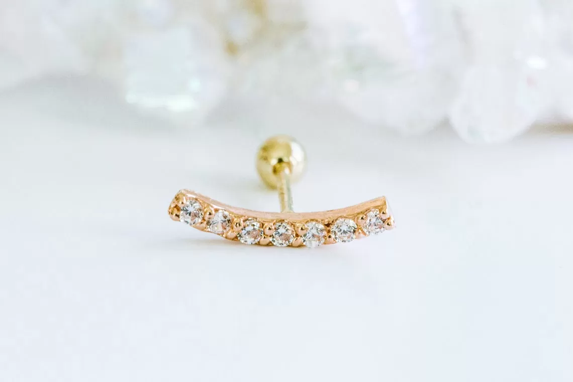 14k Gold Curved Cubic Stick Barbell Ear Stud Piercing