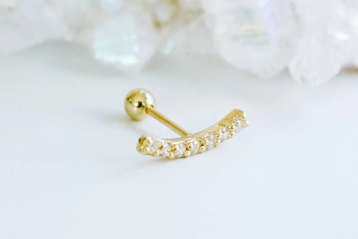 14k Gold Curved Cubic Stick Barbell Ear Stud Piercing