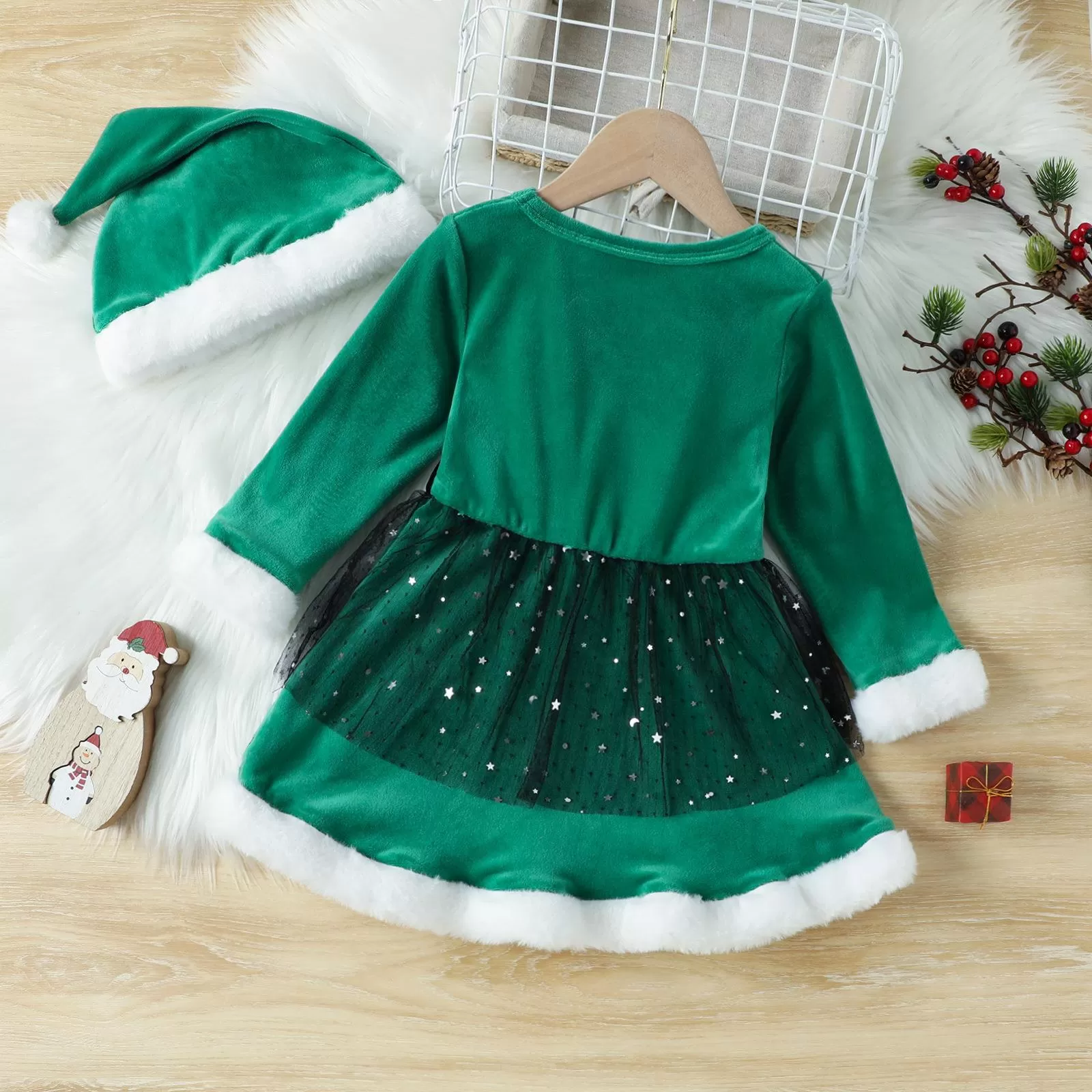 2022 Toddler Girls Long-sleeved Solid Color Mesh Stitching Christmas Dress