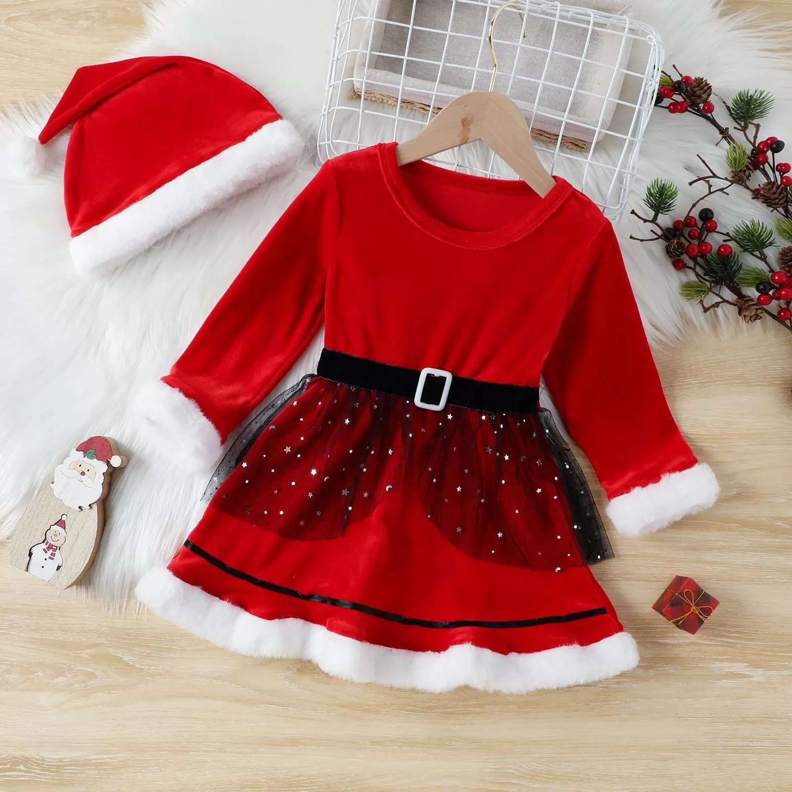 2022 Toddler Girls Long-sleeved Solid Color Mesh Stitching Christmas Dress