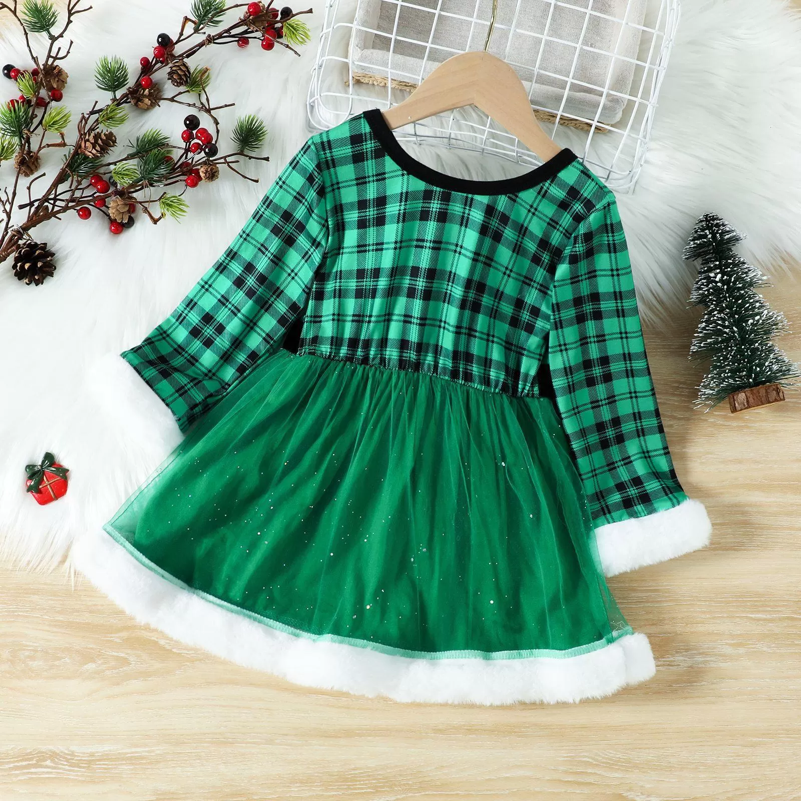 2022 Toddler Girls Plaid Print Christmas Long Sleeve Dress