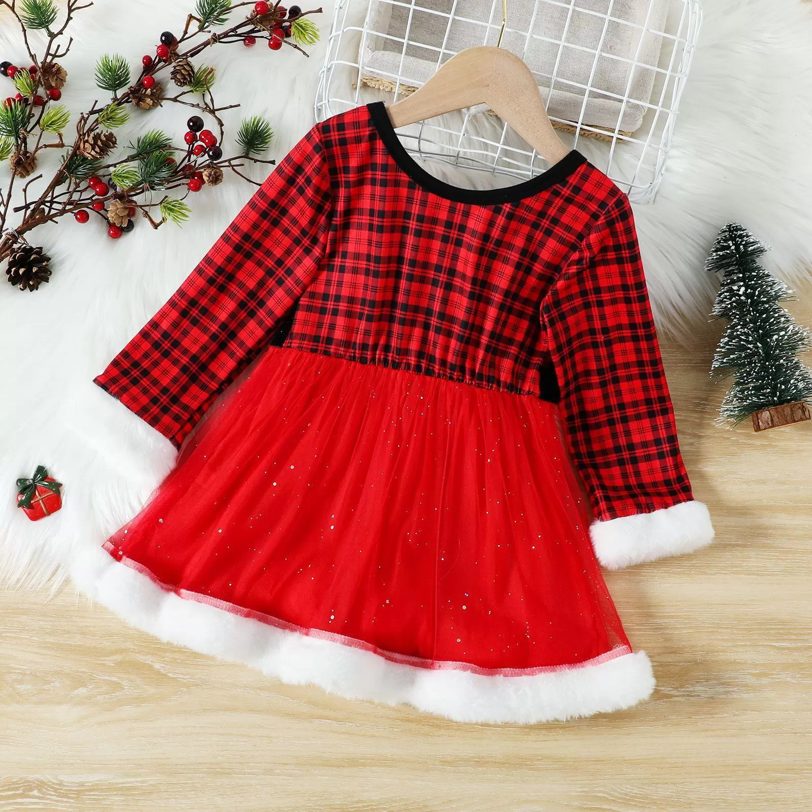 2022 Toddler Girls Plaid Print Christmas Long Sleeve Dress