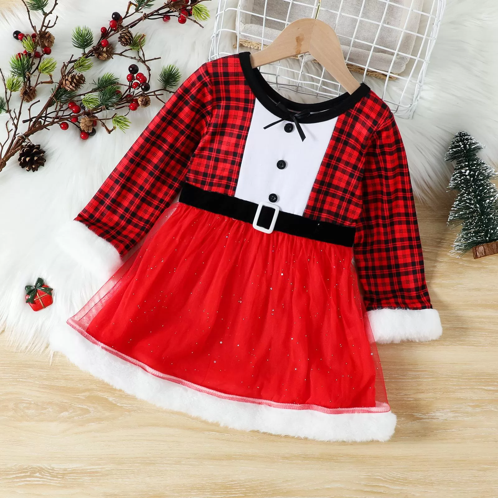 2022 Toddler Girls Plaid Print Christmas Long Sleeve Dress