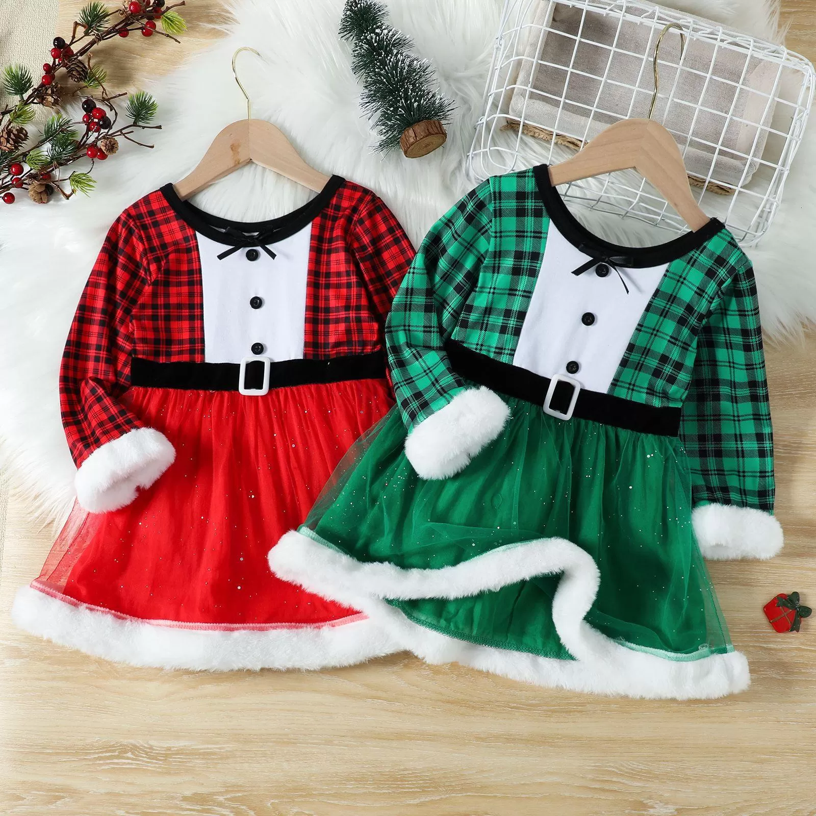 2022 Toddler Girls Plaid Print Christmas Long Sleeve Dress