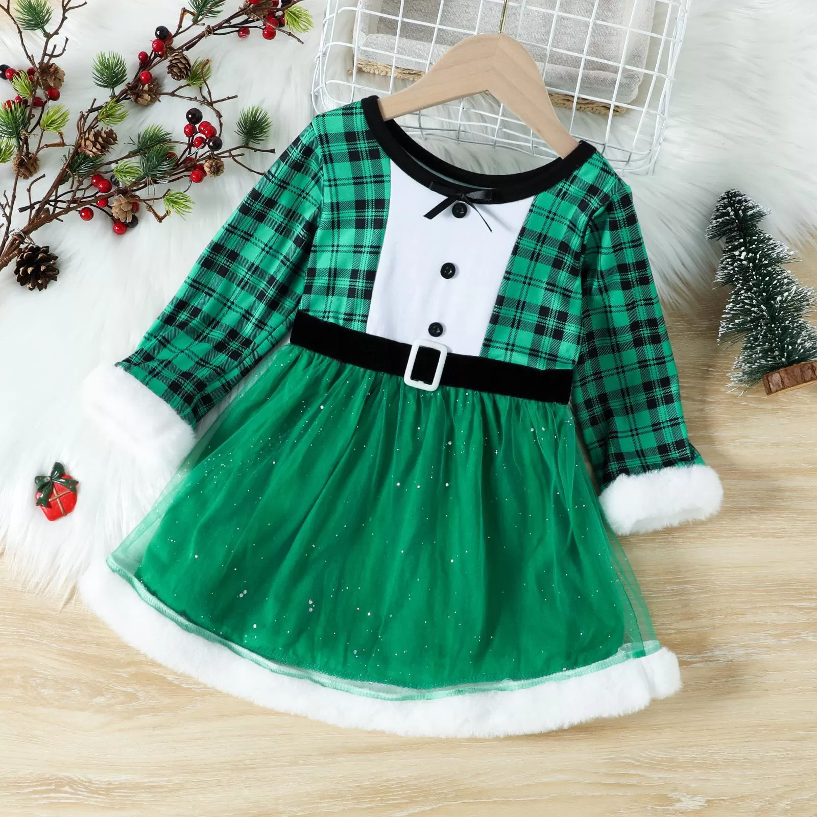 2022 Toddler Girls Plaid Print Christmas Long Sleeve Dress