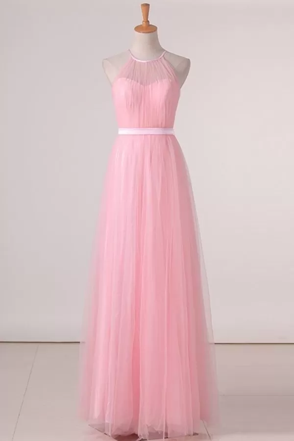 2024 Floor Length Halter Ruched Bodice A Line Tulle Bridesmaid P328JGTG