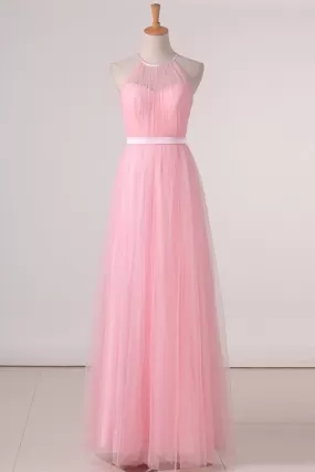 2024 Floor Length Halter Ruched Bodice A Line Tulle Bridesmaid P328JGTG