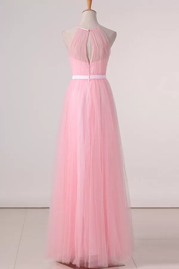 2024 Floor Length Halter Ruched Bodice A Line Tulle Bridesmaid P328JGTG