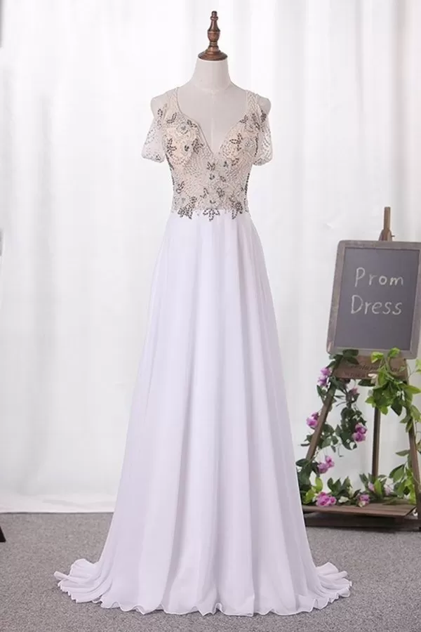 2024 Prom Dresses A Line Straps Beaded Bodice Chiffon PN965ZK3