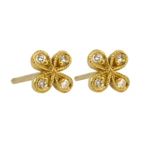 22K Gold & Diamond Tiny Four Petal Flower Studs