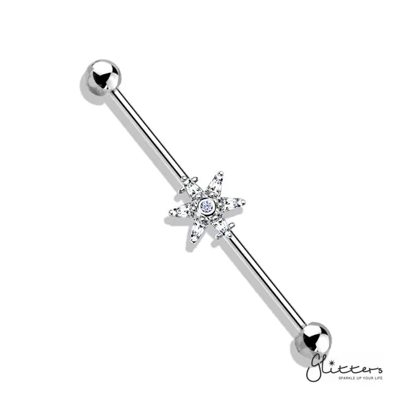 316L Surgical Steel Industrial Barbells with 6 Princess Cut CZ Petal Flower