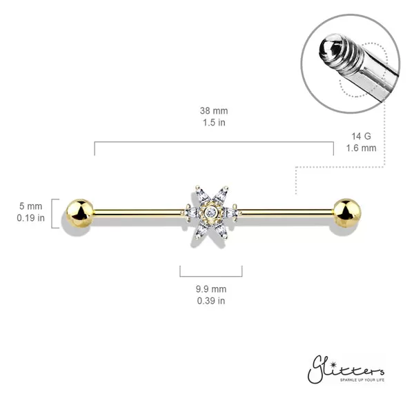 316L Surgical Steel Industrial Barbells with 6 Princess Cut CZ Petal Flower