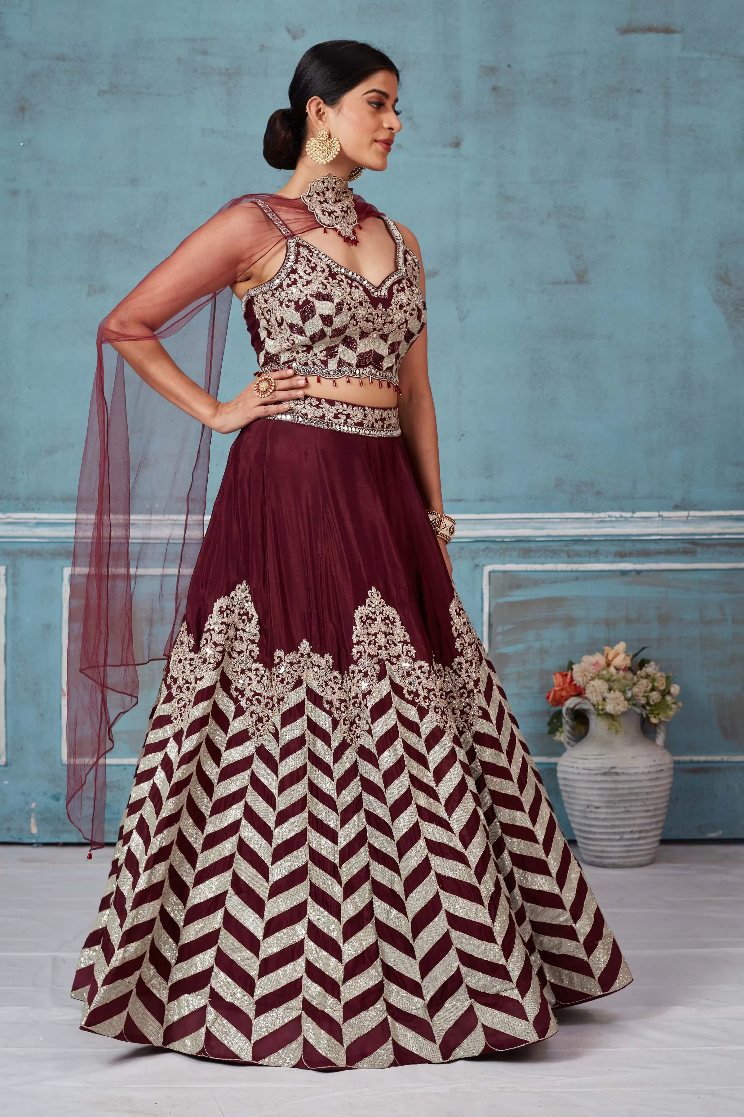 32A040 Maroon Embroidered Silk Designer Lehenga With Dupatta