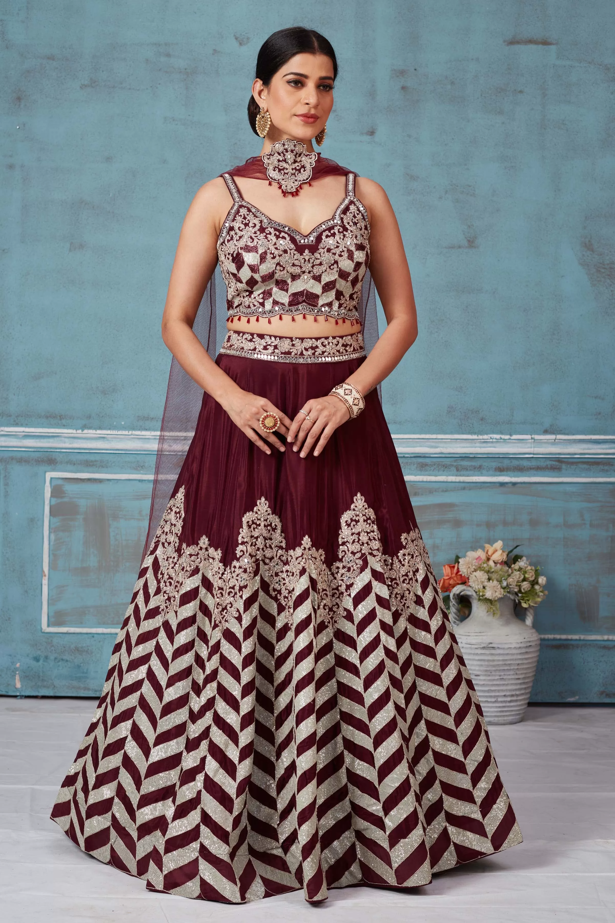 32A040 Maroon Embroidered Silk Designer Lehenga With Dupatta