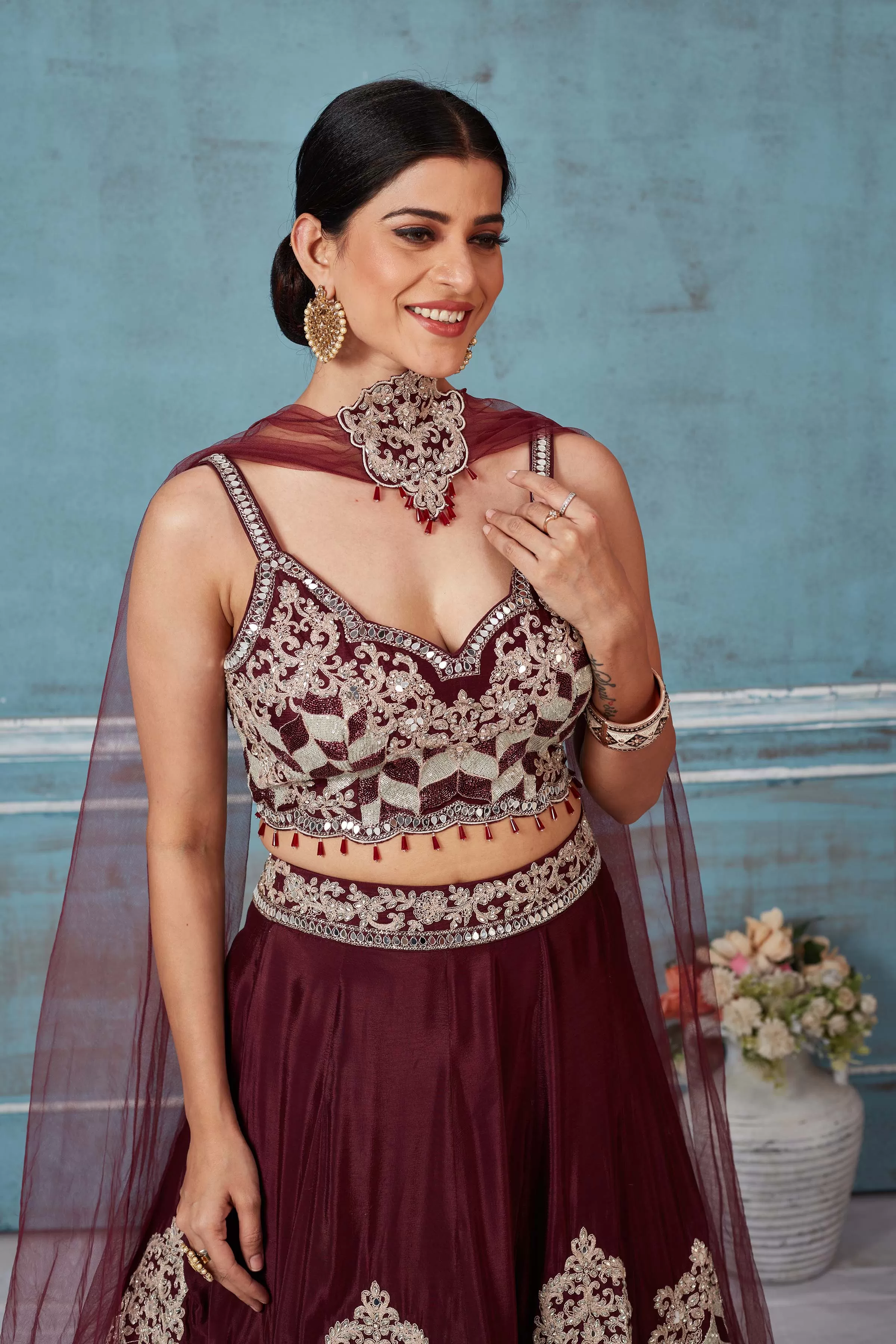 32A040 Maroon Embroidered Silk Designer Lehenga With Dupatta