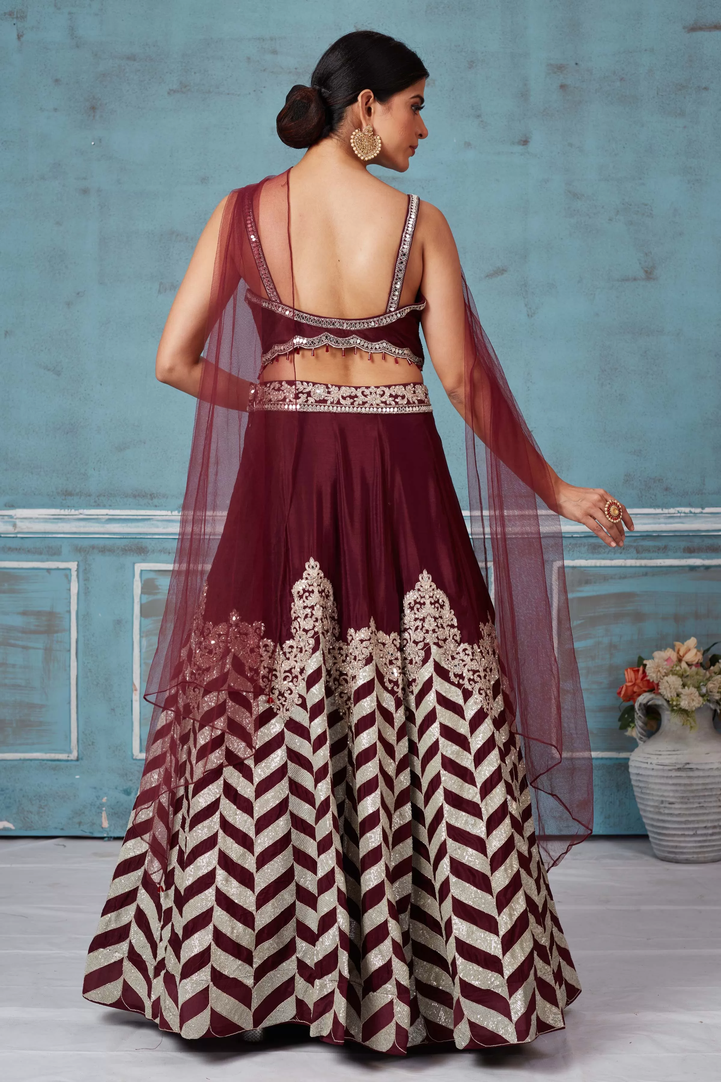 32A040 Maroon Embroidered Silk Designer Lehenga With Dupatta