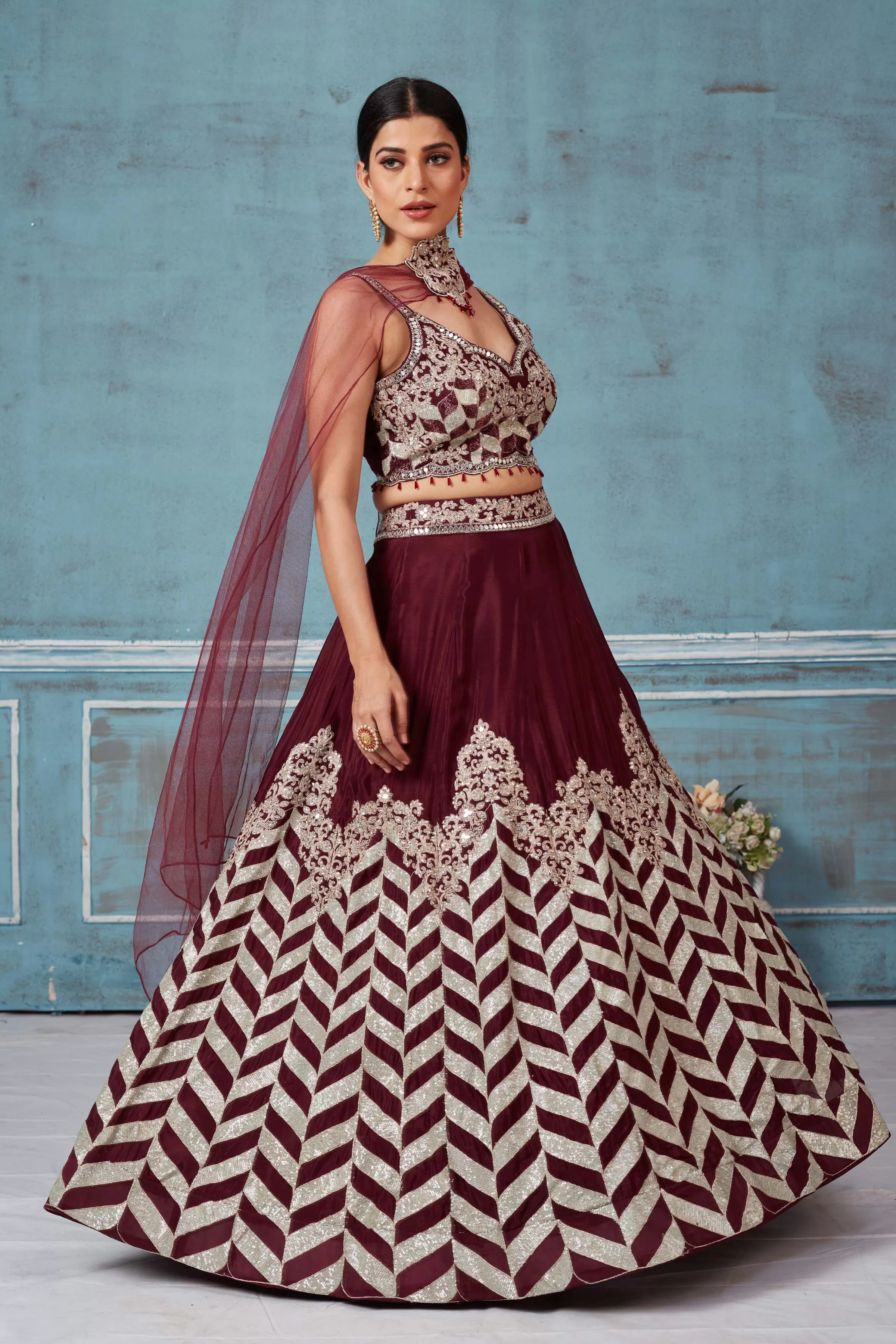 32A040 Maroon Embroidered Silk Designer Lehenga With Dupatta