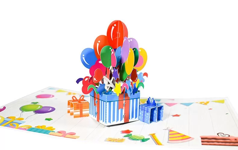 3D Birthday Pop-Up Congratulation Greeting Card - Colorful Balloon Box - Handmade Thinking of You, Happy Birthday Congrats, & Thank You Gift