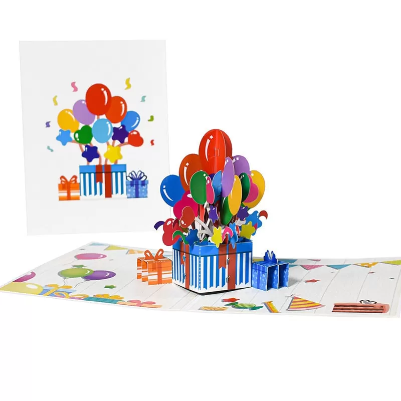 3D Birthday Pop-Up Congratulation Greeting Card - Colorful Balloon Box - Handmade Thinking of You, Happy Birthday Congrats, & Thank You Gift