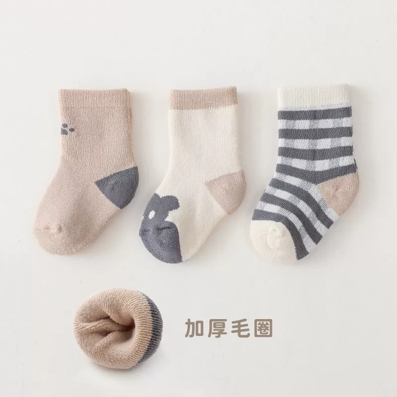 3PCS Baby Boys Girls Autumn and Winter Cartoon Print Terry Thickened Mid-thigh Socks