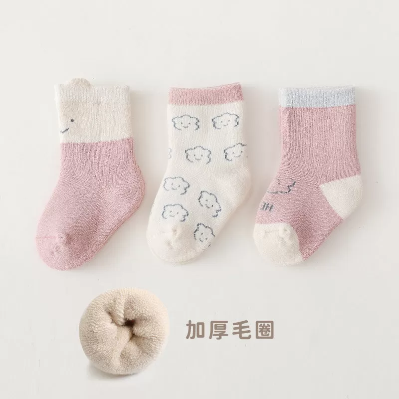 3PCS Baby Boys Girls Autumn and Winter Cartoon Print Terry Thickened Mid-thigh Socks