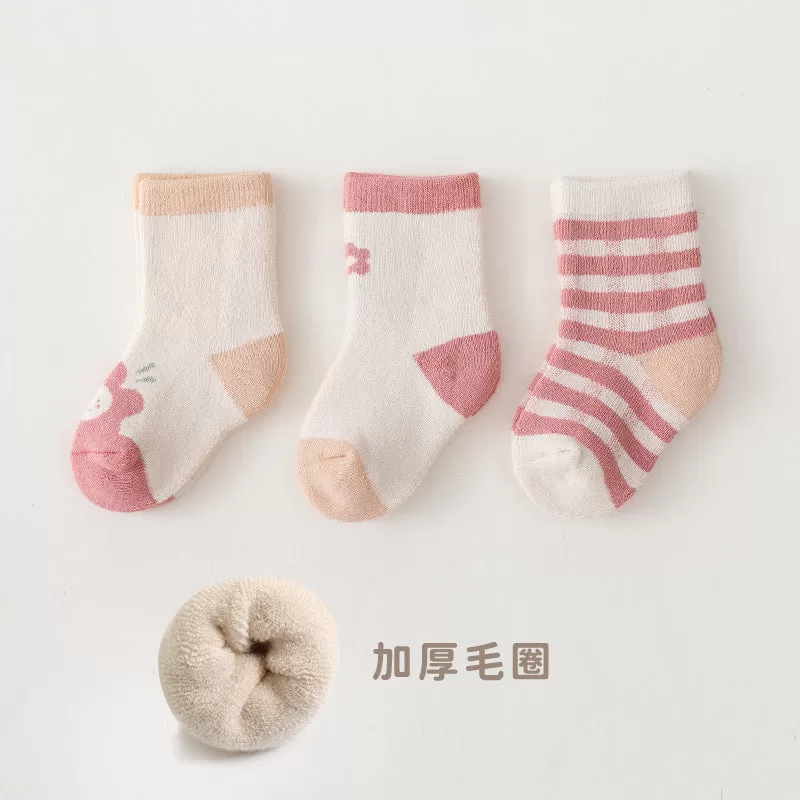 3PCS Baby Boys Girls Autumn and Winter Cartoon Print Terry Thickened Mid-thigh Socks