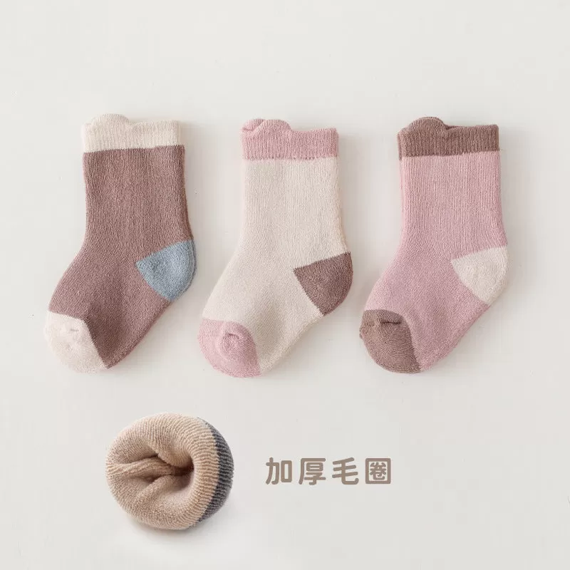 3PCS Baby Boys Girls Autumn and Winter Cartoon Print Terry Thickened Mid-thigh Socks