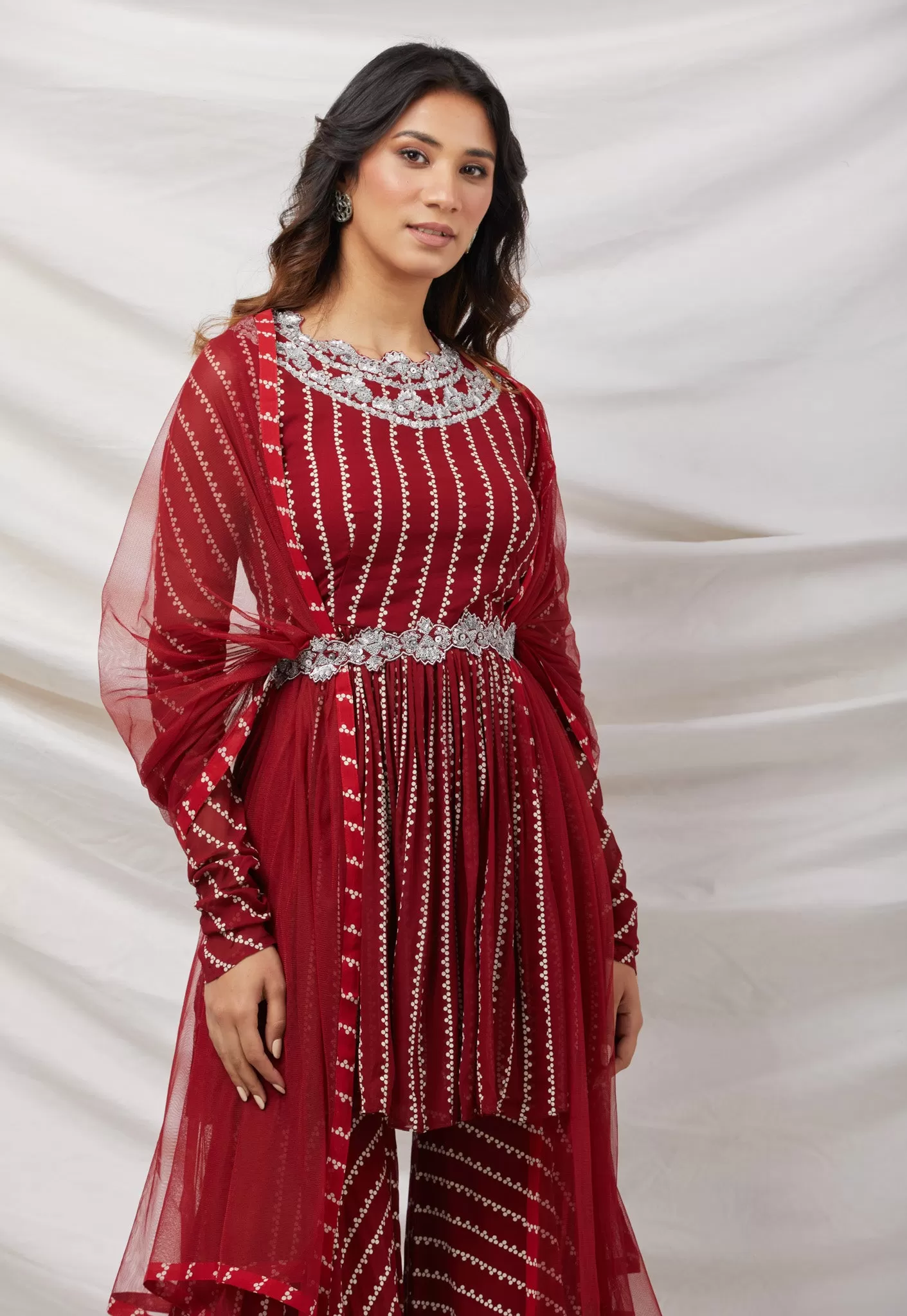 50Z880-RO Maroon Sequinned Embroidered Sharara Suit Set