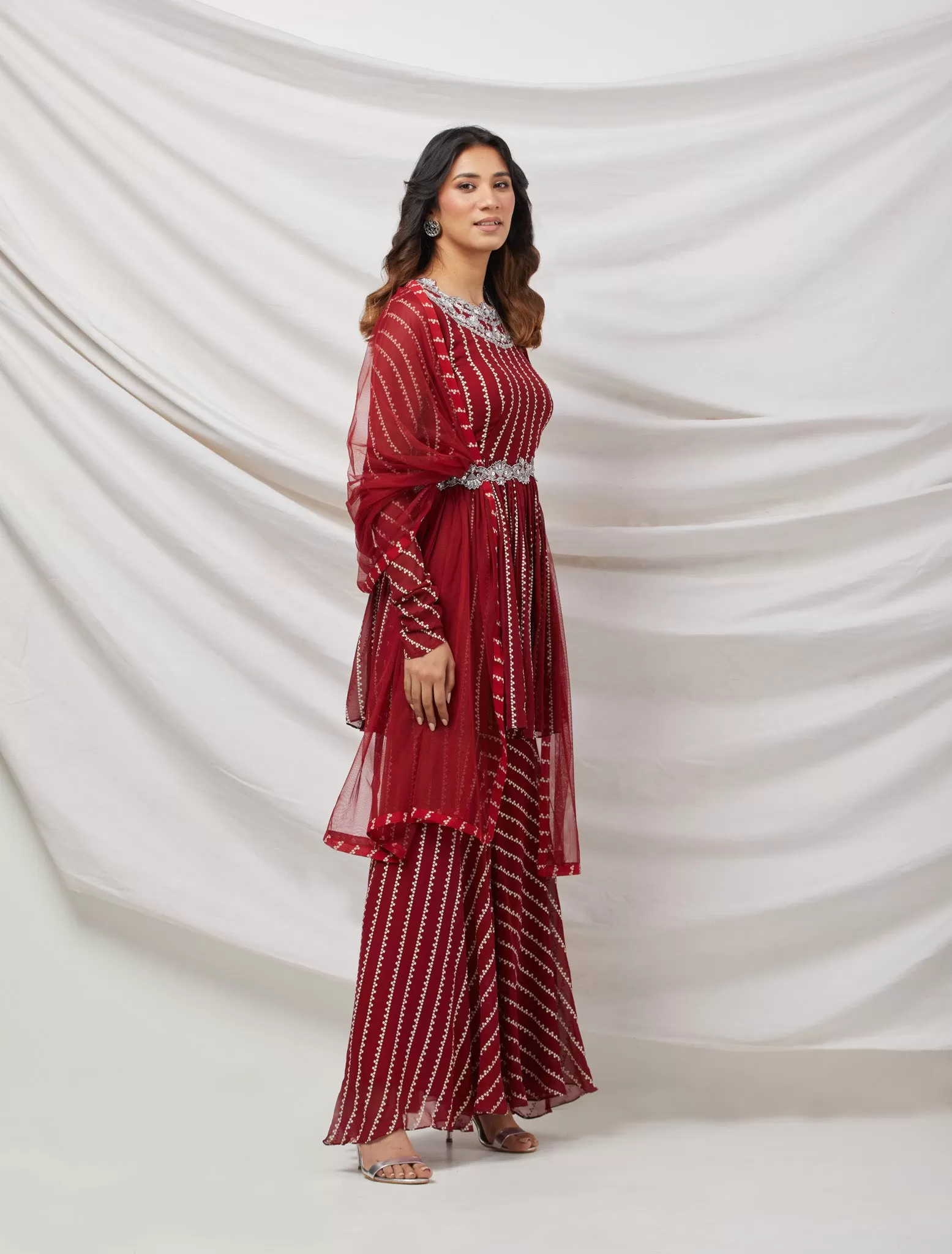 50Z880-RO Maroon Sequinned Embroidered Sharara Suit Set