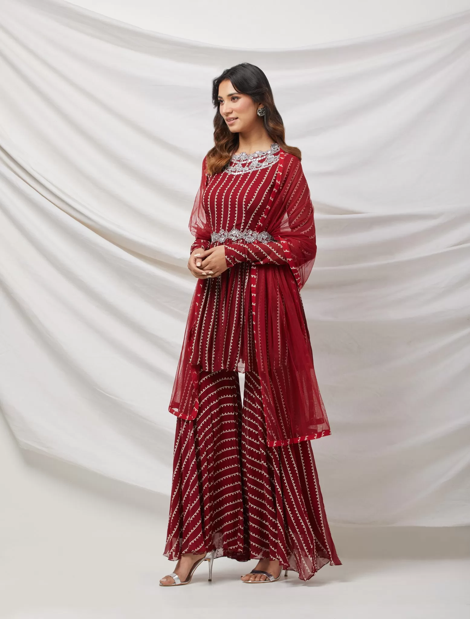 50Z880-RO Maroon Sequinned Embroidered Sharara Suit Set