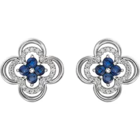 .70CT Diamond & Blue Sapphire Clover Studs Earrings 14K White Gold