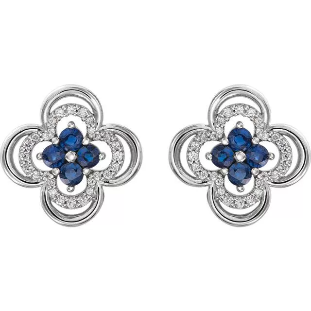 .70CT Diamond & Blue Sapphire Clover Studs Earrings 14K White Gold