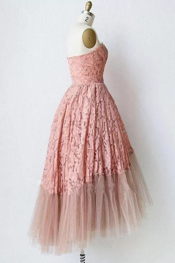 A Line Pink Lace Strapless Sleeveless Short Prom Dresses Tulle Homecoming Dresses