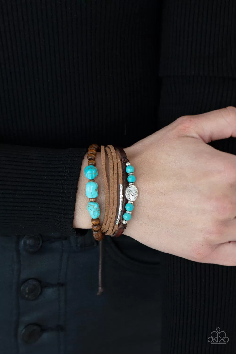 Act Natural Turquoise Blue Stone and Brown Leather Urban Sliding Knot Bracelet - Paparazzi Accessories