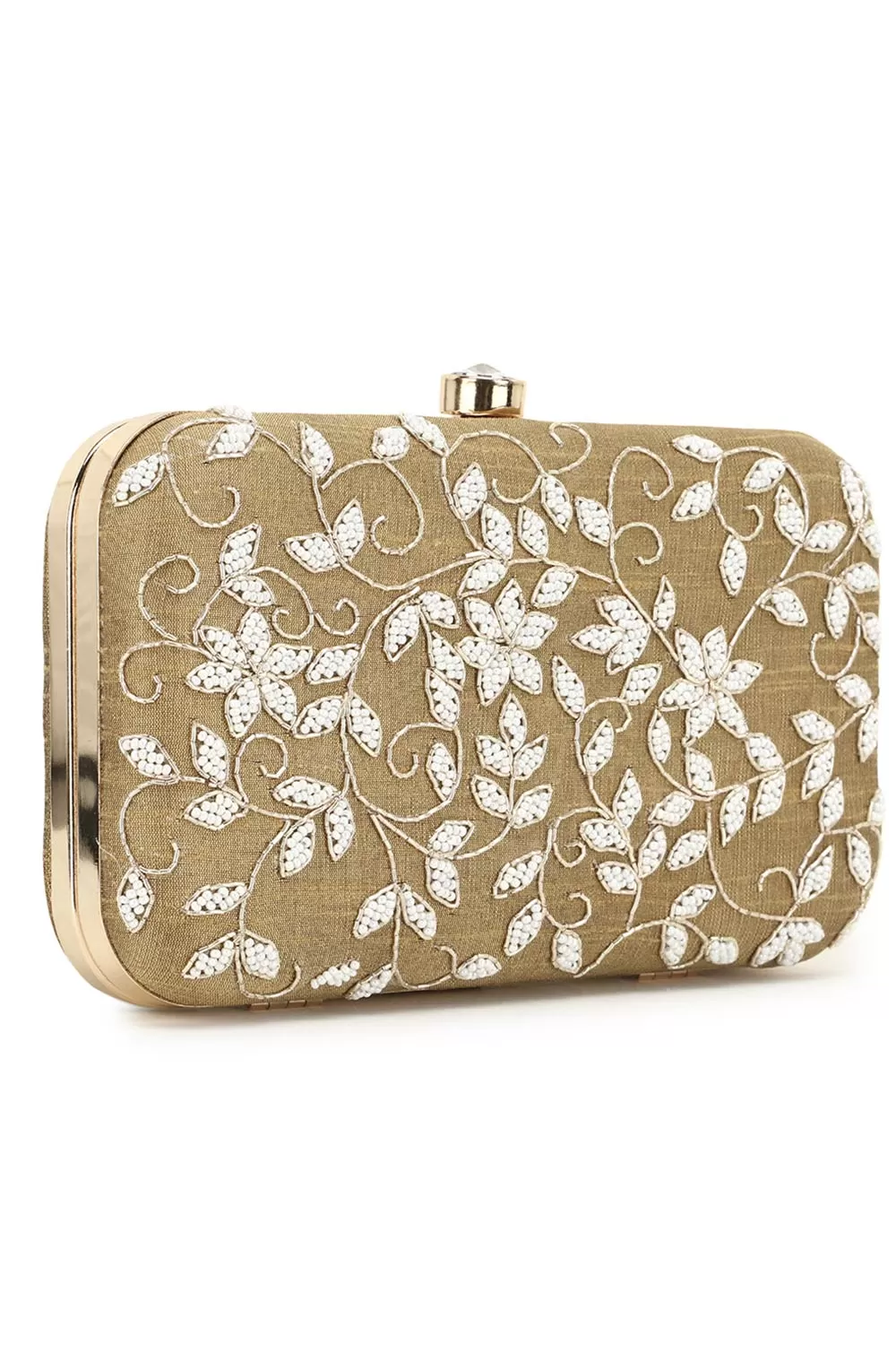 Adorn Beige & White Botanical Embellished Faux Silk Clutch