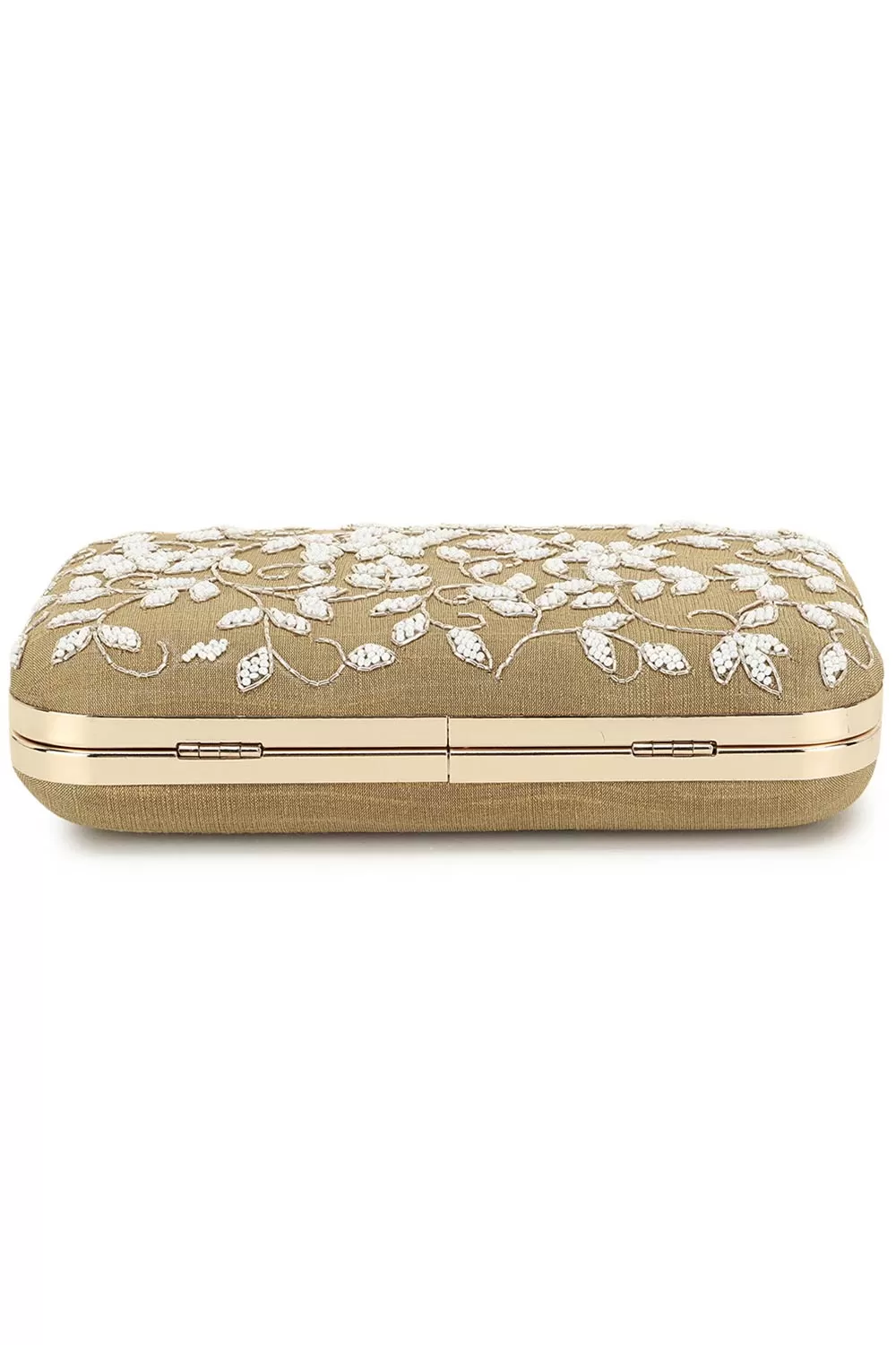 Adorn Beige & White Botanical Embellished Faux Silk Clutch