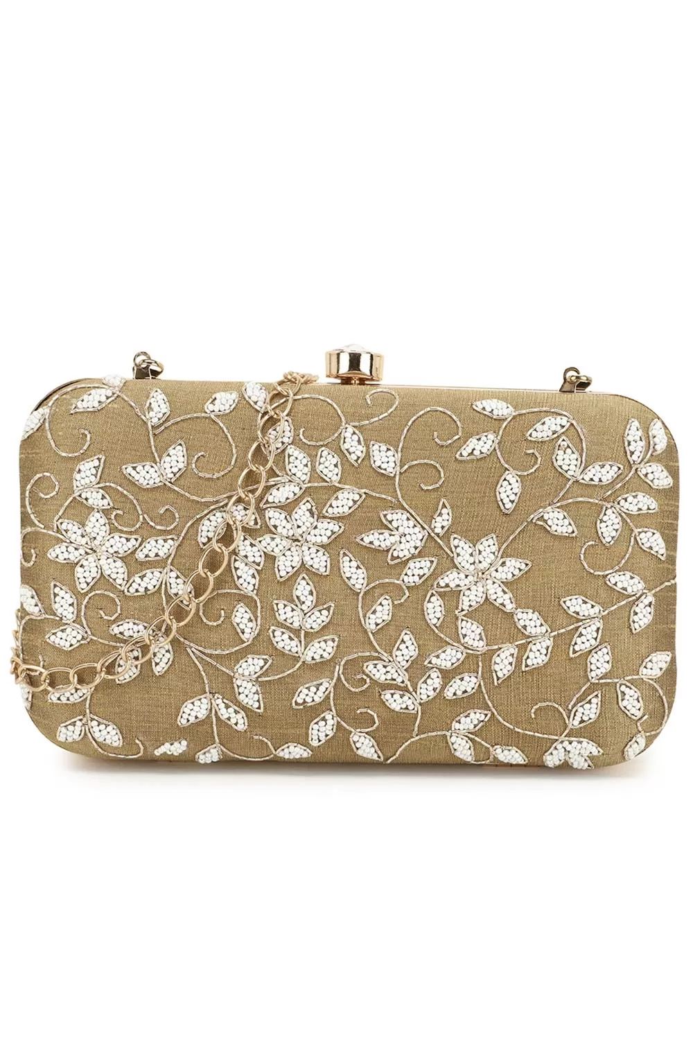 Adorn Beige & White Botanical Embellished Faux Silk Clutch