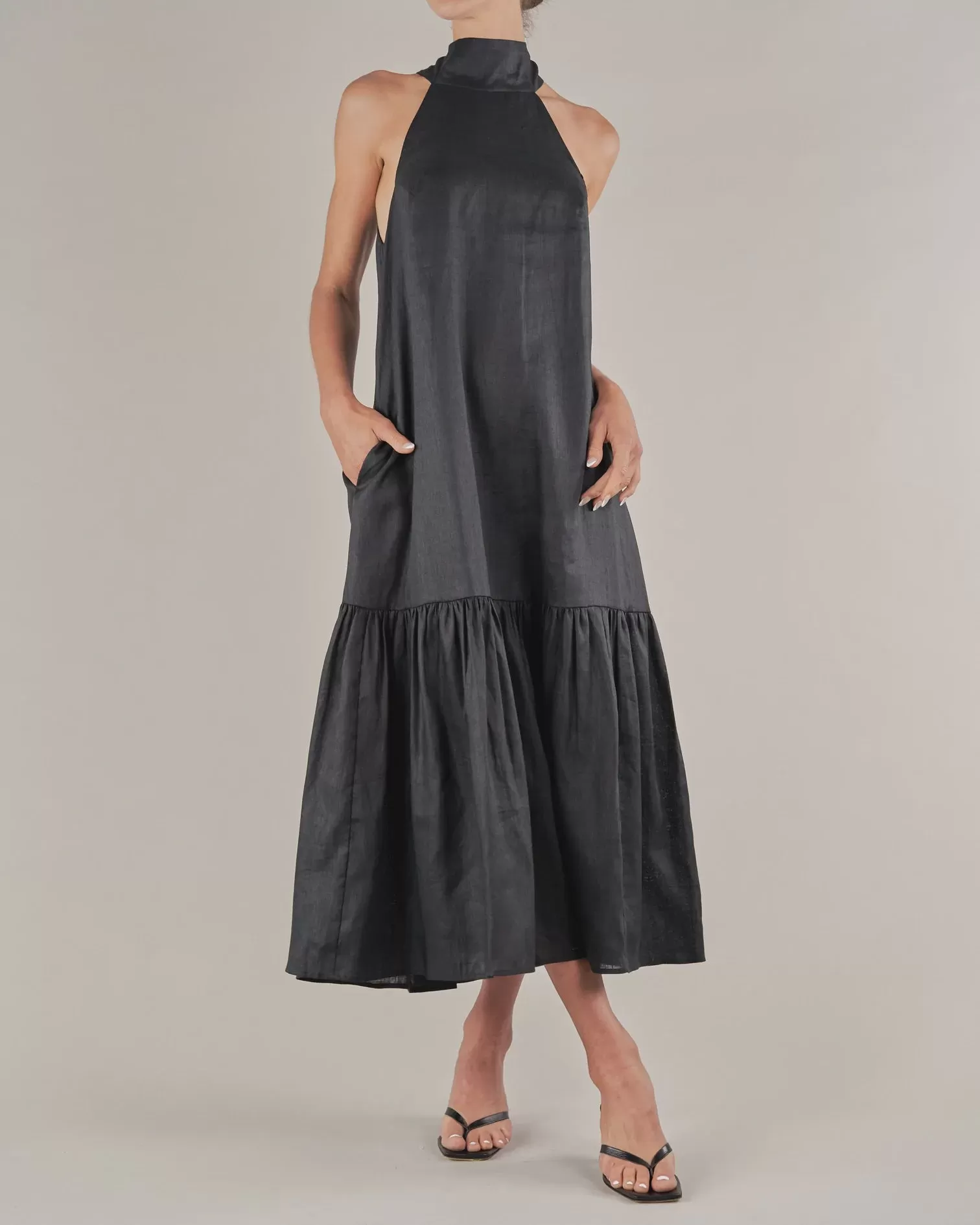 Aruba Linen Tie-Neck Dress (Black)