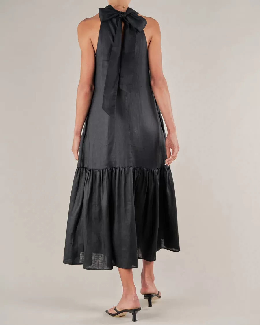 Aruba Linen Tie-Neck Dress (Black)