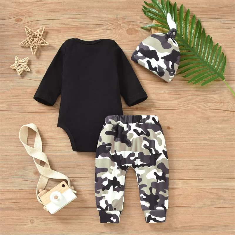 Baby Boys Solid Color Glasses Letter Printing Long Sleeve Romper Camouflage Trousers Hat Set