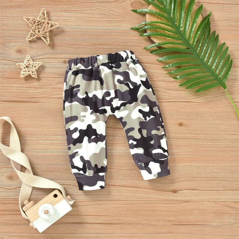 Baby Boys Solid Color Glasses Letter Printing Long Sleeve Romper Camouflage Trousers Hat Set