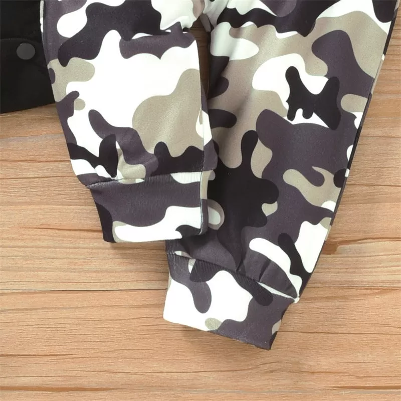 Baby Boys Solid Color Glasses Letter Printing Long Sleeve Romper Camouflage Trousers Hat Set