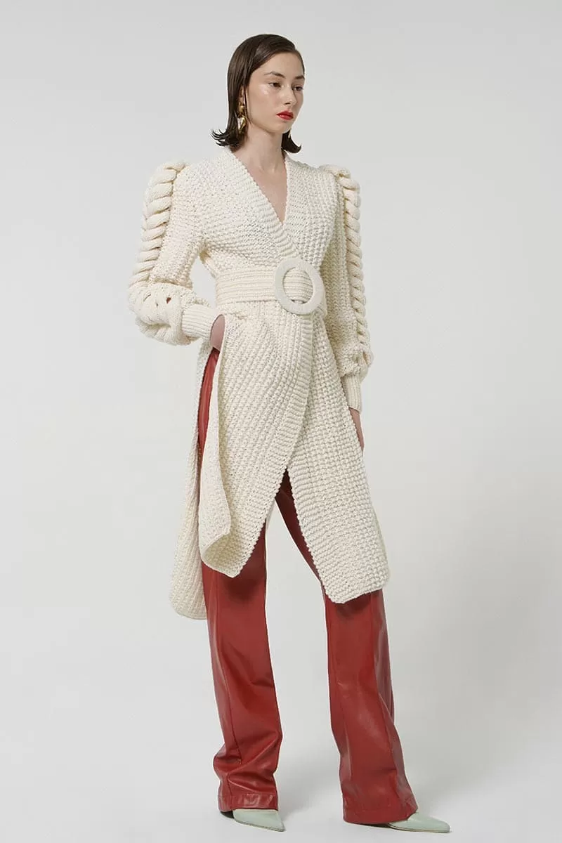 BELTED CARDIGAN WITH KNIT SLEEVES