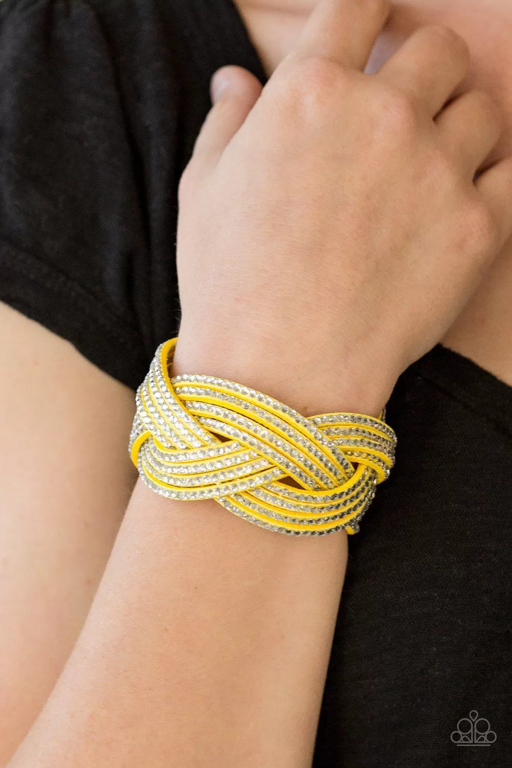 Big City Shimmer Yellow and White Braided Wrap Snap Bracelet - Paparazzi Accessories