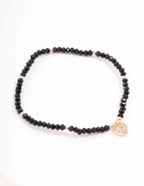 Black Beaded Simple Toggle Heart Charm Bracelet