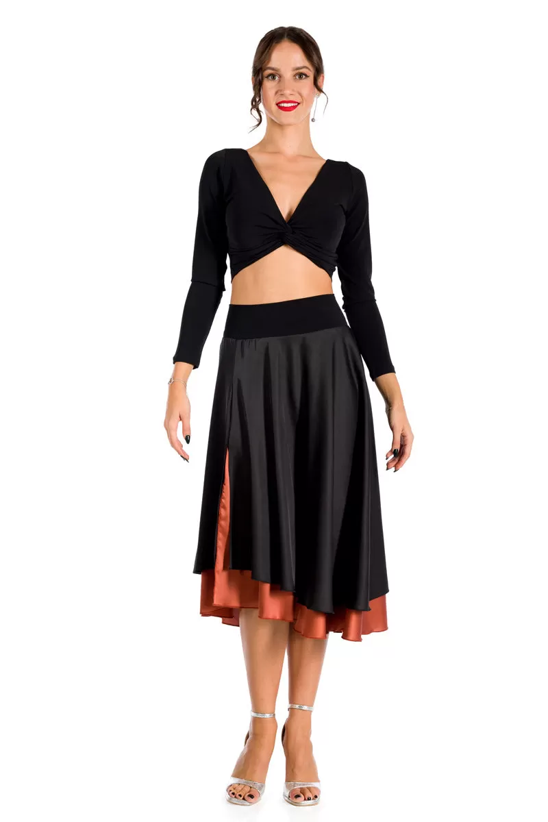 Black Satin Two-layered Dance Skirt With Orange Base