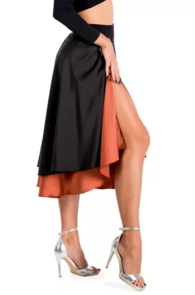 Black Satin Two-layered Dance Skirt With Orange Base